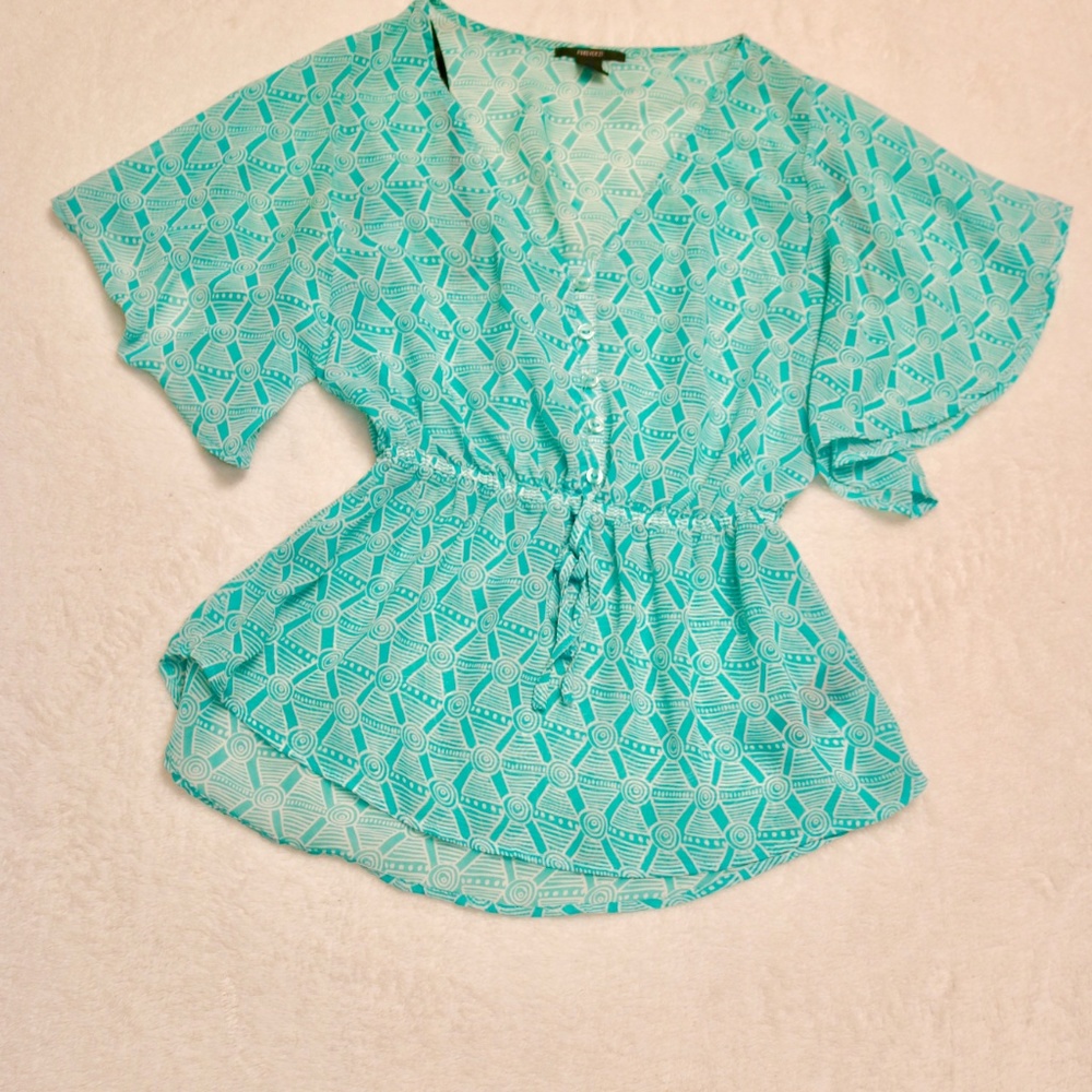 Teal White Blouse Top SMALL